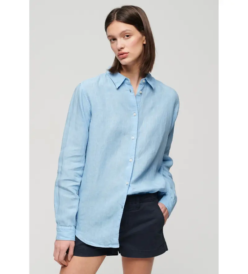 per donna W4010415A Camicia casual in lino blu con vestibilità boyfriend (XS), Manica lunga