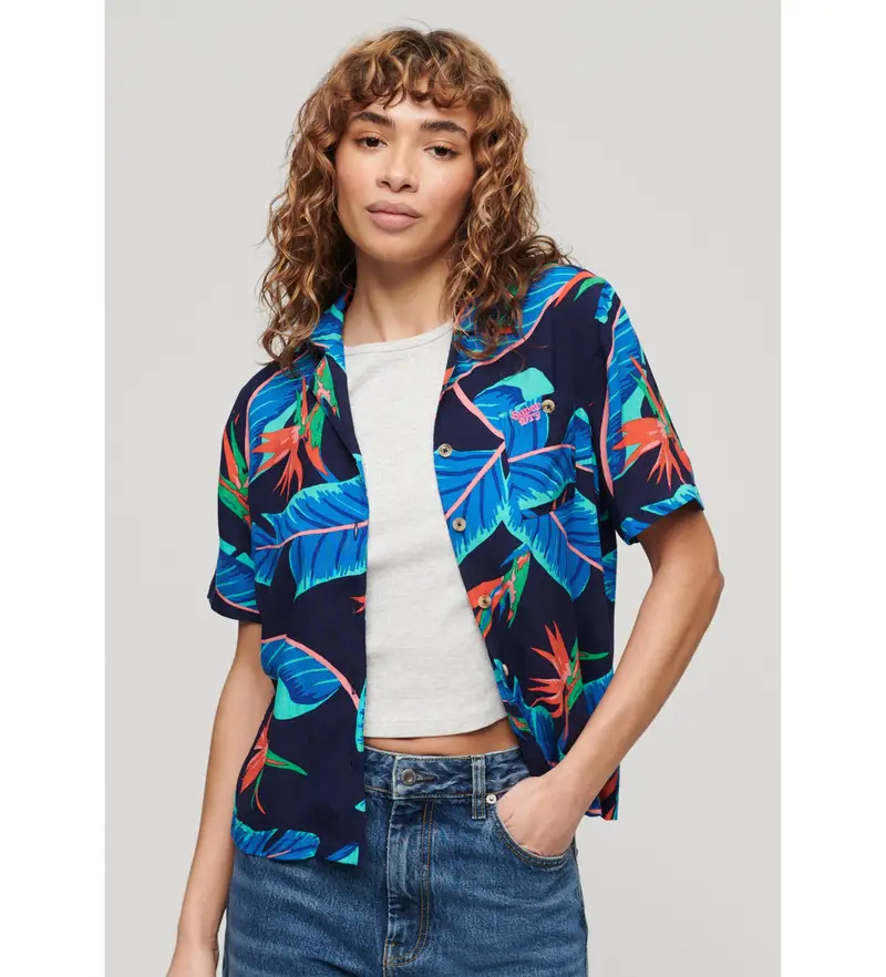 per donna W4010419A Camicia da spiaggia blu scuro (S), Casual, Viscosa, Manica corta, Navy