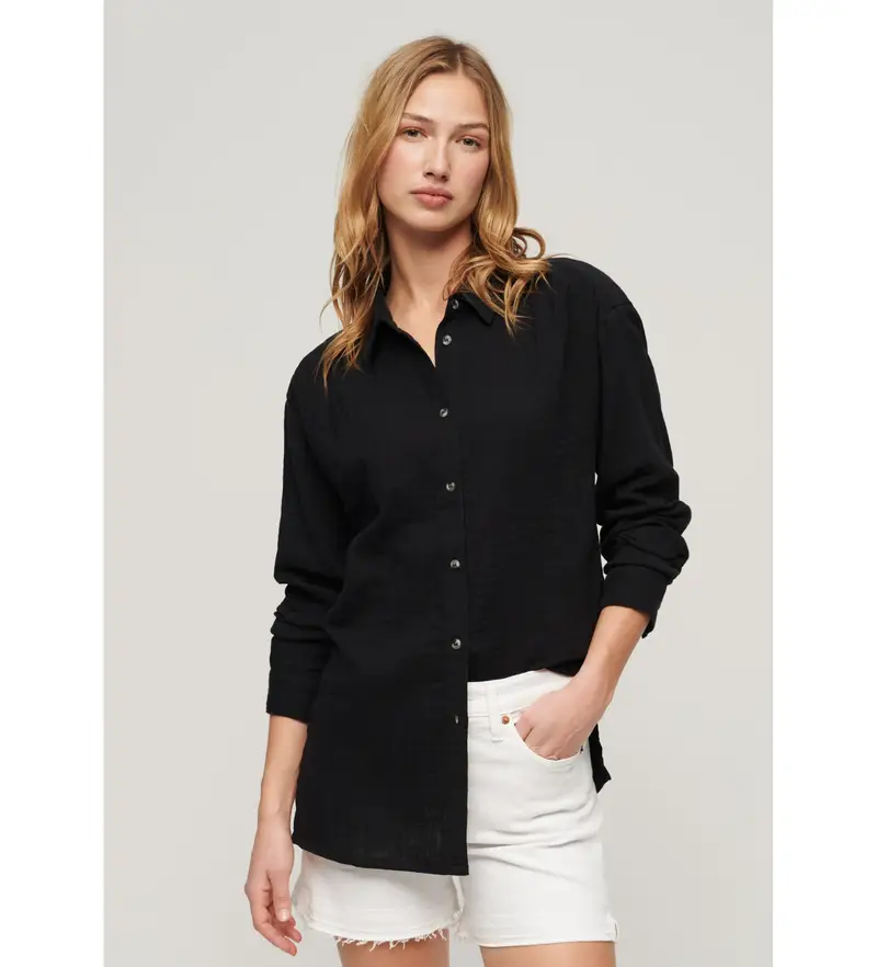 per donna W4010422A Camicia lunga da spiaggia nera (XS), Nero, Casual, Cotone, Manica lunga