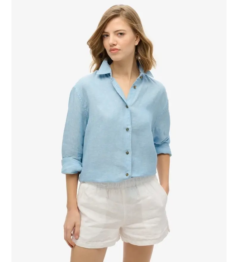 per donna W4010463A Camicia casual in lino blu modello boyfriend (XS), Manica lunga