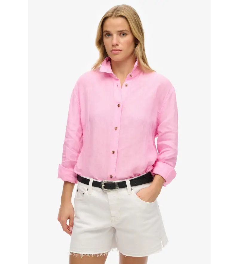 per donna. W4010463A Camicia casual in lino rosa stile boyfriend (S), Manica lunga