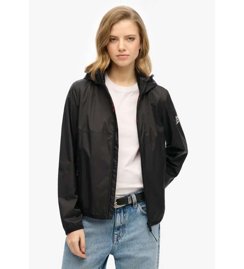 per donna W5011849A Giacca antivento con cappuccio e logo nero (XS), Casual, Sostenibile, Nylon riciclato