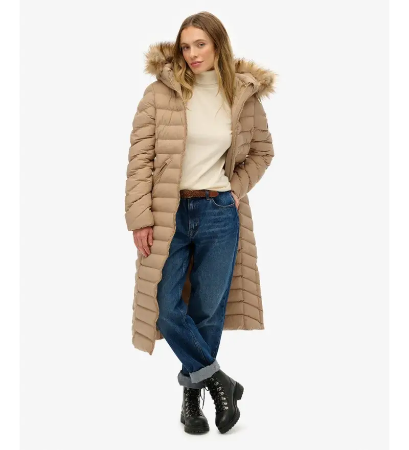 Superdry Cappotto lungo con cappuccio in pelliccia sintetica beige per donna