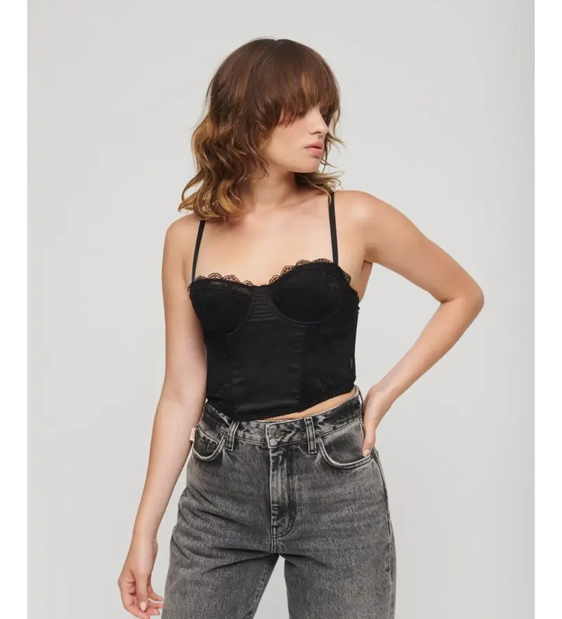 per donna W6011751A Top a corsetto in raso di pizzo a rete nera (XS), Nero, Casual, Poliamide, Senza maniche / cinghie Chiaro