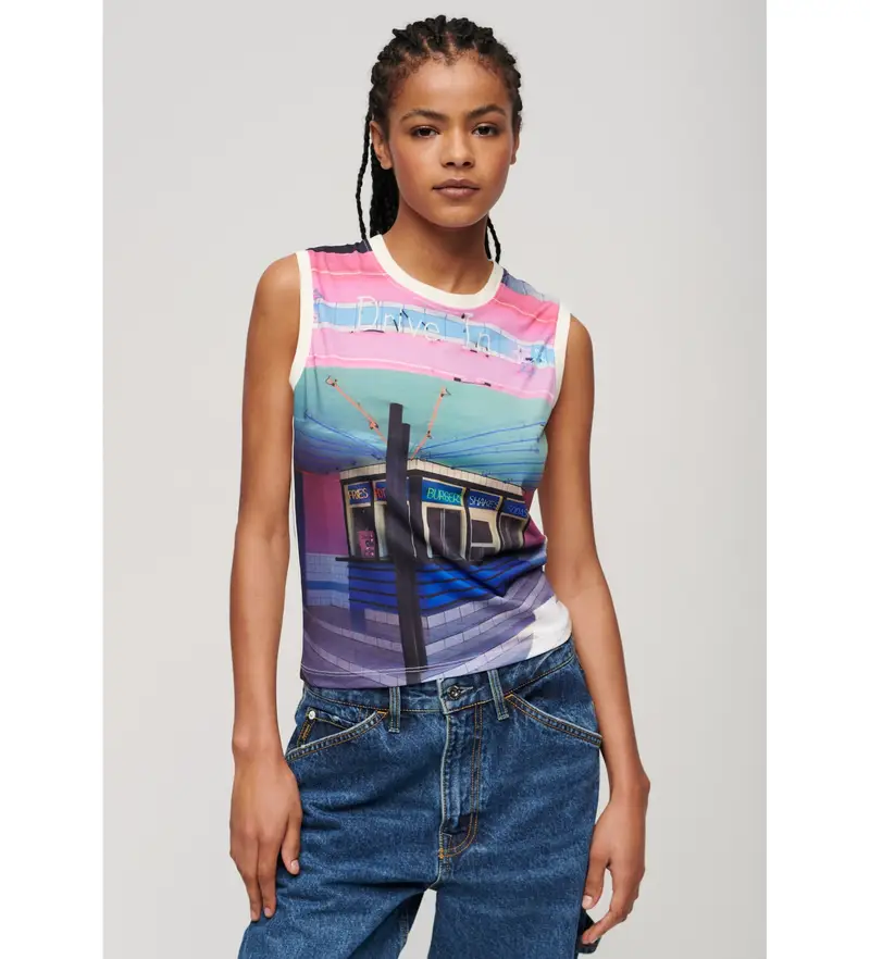 per donna W6011959A Canotta bianca con sottostampa (XS), Bianco, Casual, Cotone, Senza maniche / cinghie