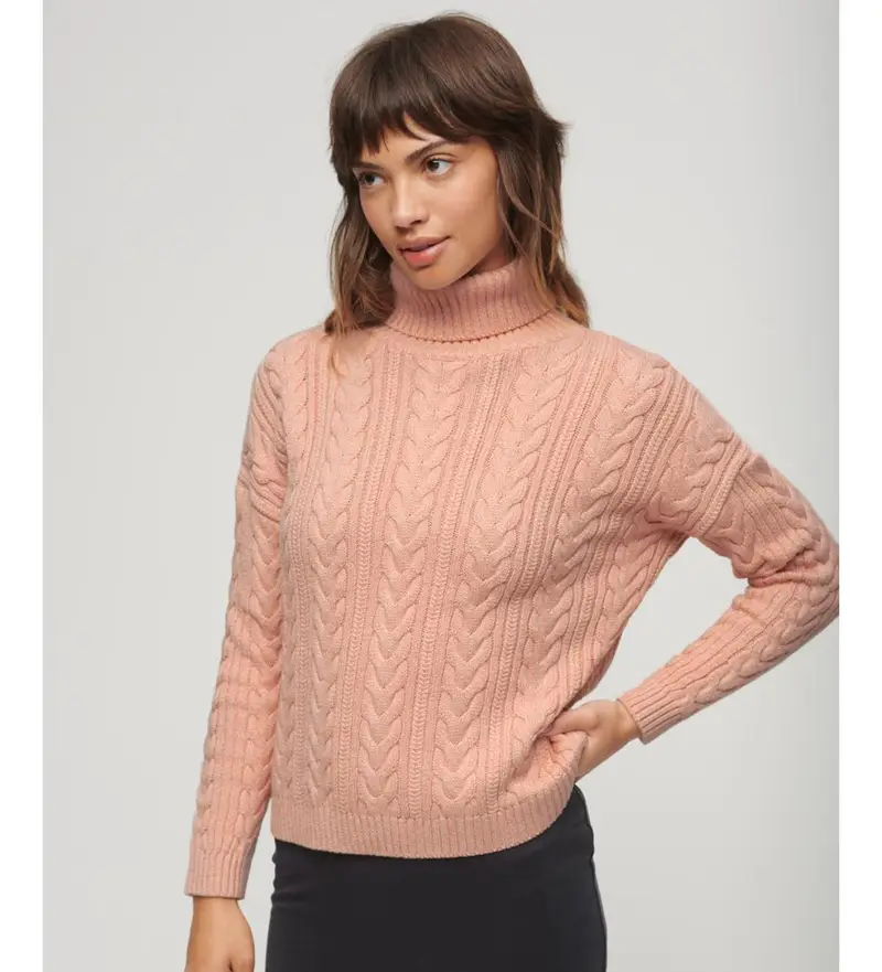 per donna W6110393A Maglione rosa a trecce con collo alto e spalle scese (XL), Casual, Cotone