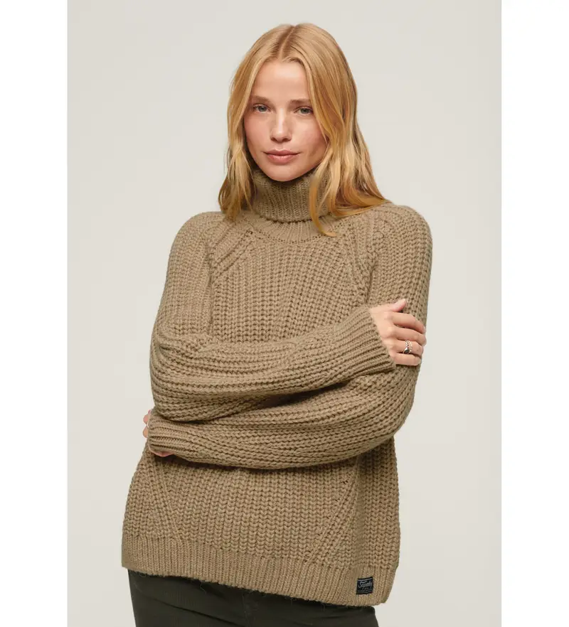 per donna W6110397A Maglione lavorato a maglia marrone a collo alto, ampio (M), Casual, Acrilico, Manica lunga