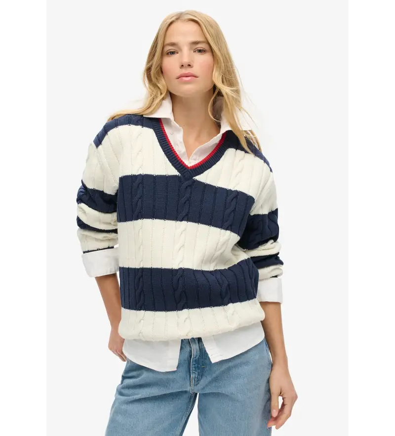 per donna W6110569A Maglia a righe bianche e blu navy (L/XL), Bianco, Casual, Cotone