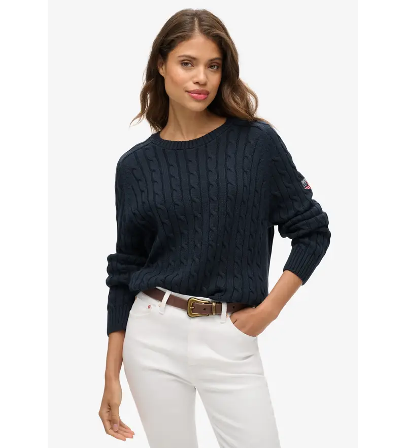 per donna W6110610A Maglione marino con motivo a cavi larghi (S), Casual, Cotone, Navy