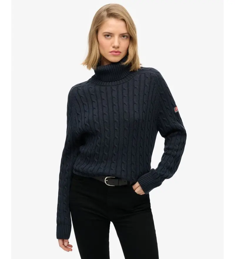 per donna W6110614A Maglione a collo alto con motivo a trecce blu navy (S), Casual, Cotone