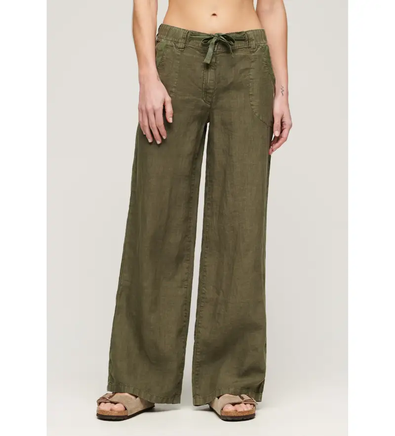 per donna. W7011006A Pantaloni di lino verdi a vita bassa (S), Casual, Verde