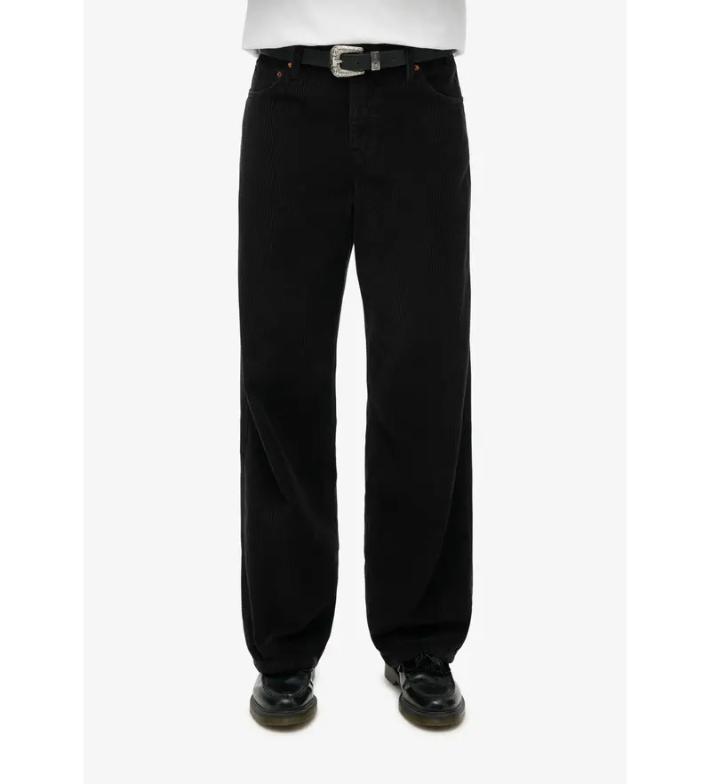 per donna W7011108A Pantaloni neri in velluto a coste a gamba larga a vita media (26/30), Nero, Casual, Cotone
