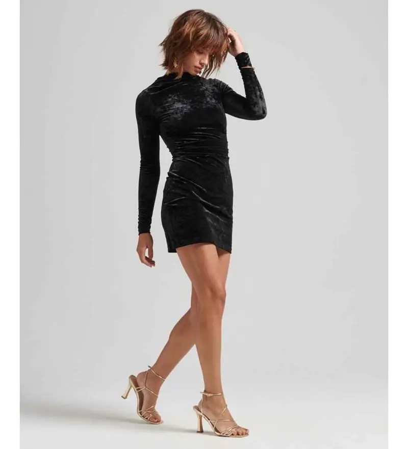 per donna W8011367A Miniabito a maniche lunghe in velluto nero (XS), Da sera, Poliestere, Manica lunga