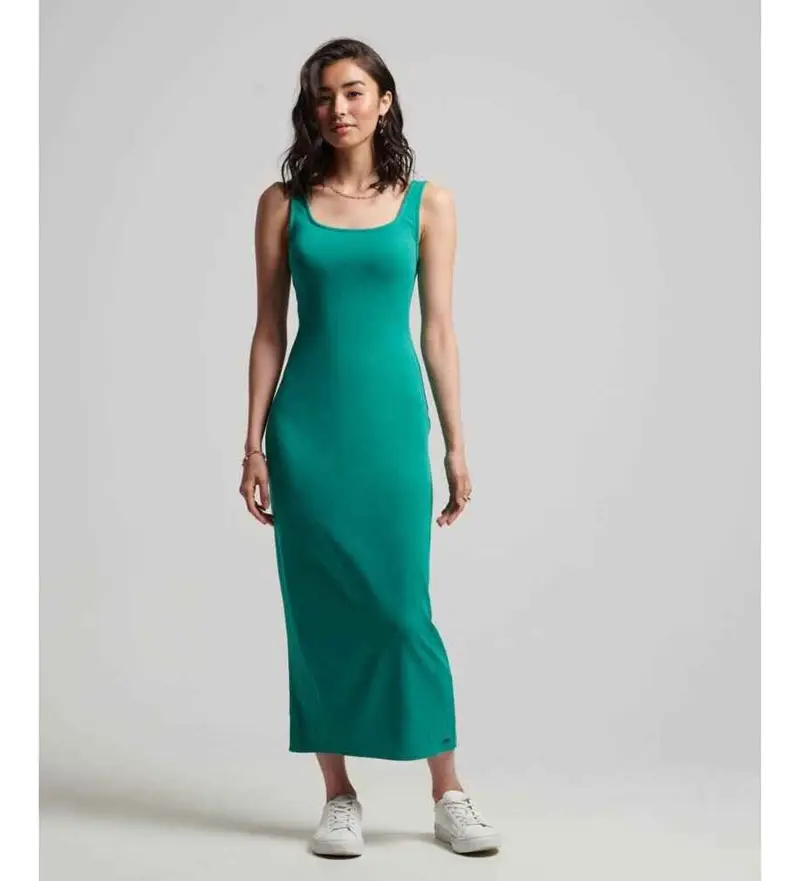per donna. W8011461A Abito midi in maglia con scollo quadrato verde (XS), Casual, Modal, Senza maniche / cinghie