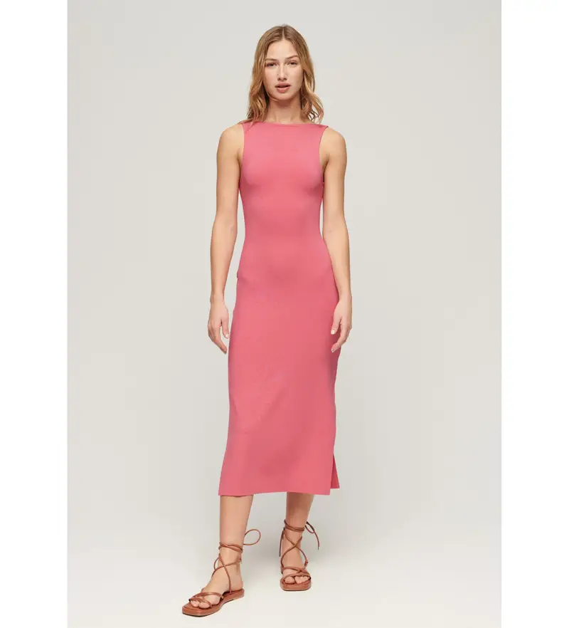 per donna. W8011612A Abito longuette in maglia rosa incrociato sul retro (S), Casual, Viscosa, Senza maniche / cinghie