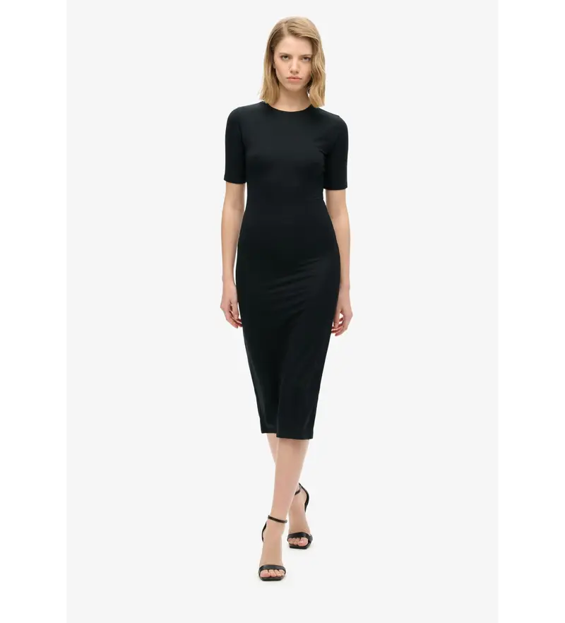 per donna W8011766A Abito midi in maglia nero a maniche corte (S), Casual, Da sera, Classico, Modal, Manica corta