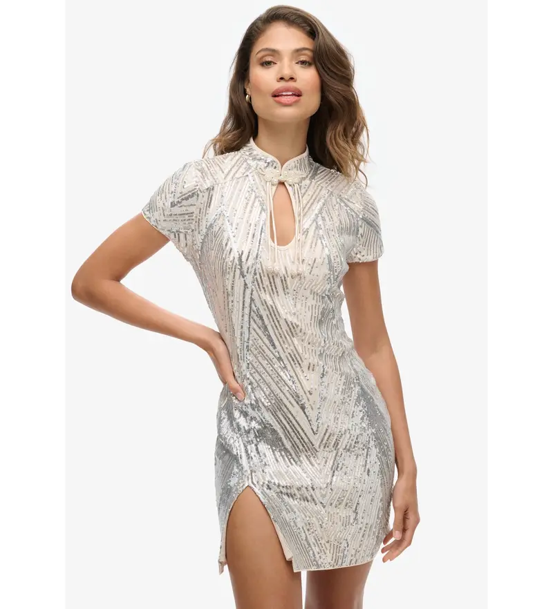 per donna W8011769A Mini abito con colletto alla coreana e paillettes argento (M), Da sera, Manica corta, Polister riciclato, Sost
