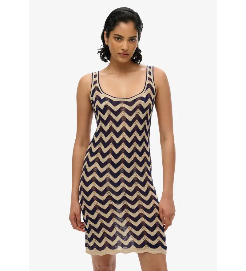 per donna W8011846A Miniabito in maglia a zigzag blu navy (XS), Casual, Viscosa, Senza maniche / cinghie
