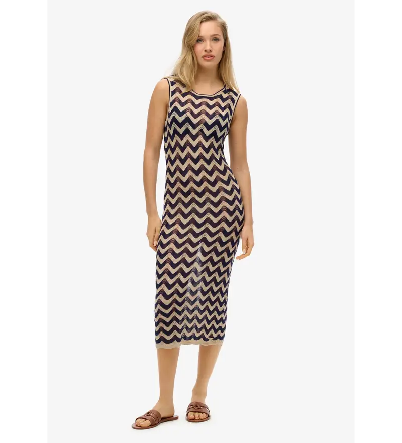 per donna W8011848A Abito midi in maglia a zigzag blu navy (XS), Casual, Viscosa, Senza maniche / cinghie