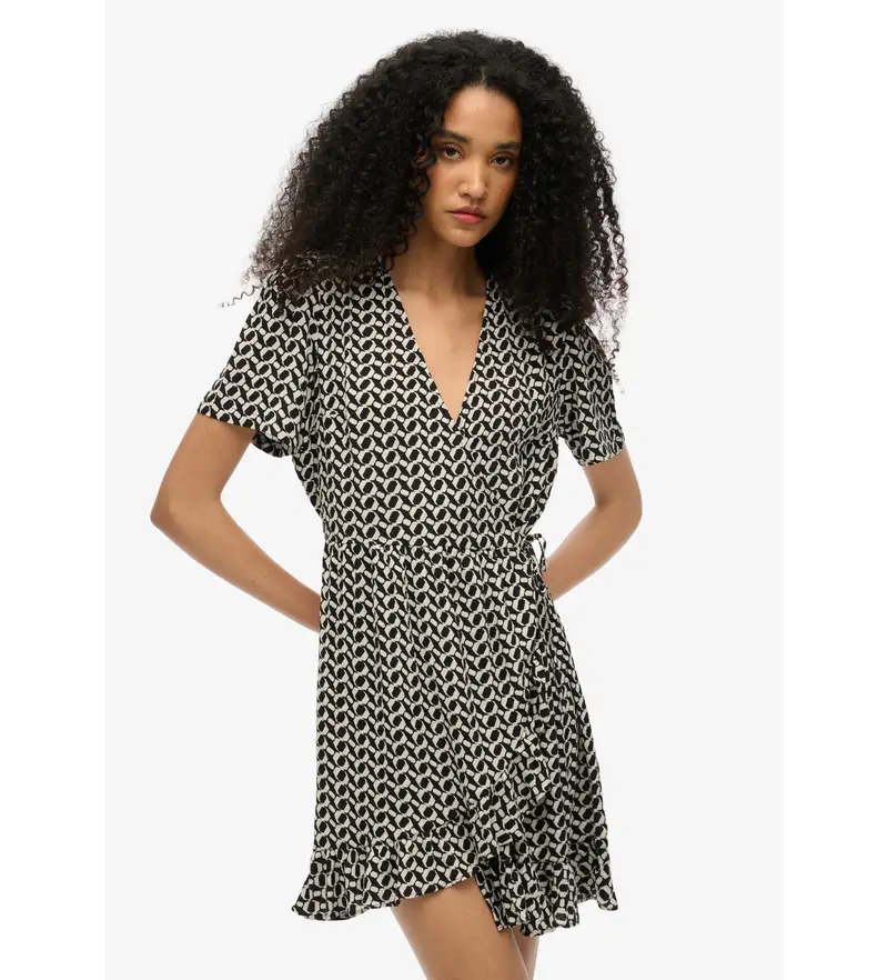 per donna. W8011877A Abito avvolgente nero (L), Casual, Poliestere, Manica corta