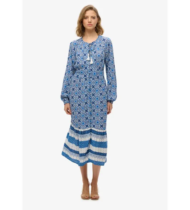 per donna W8011887A Abito midi stampato blu (XS), Casual, Manica lunga, Cotone biologico, Sostenibile