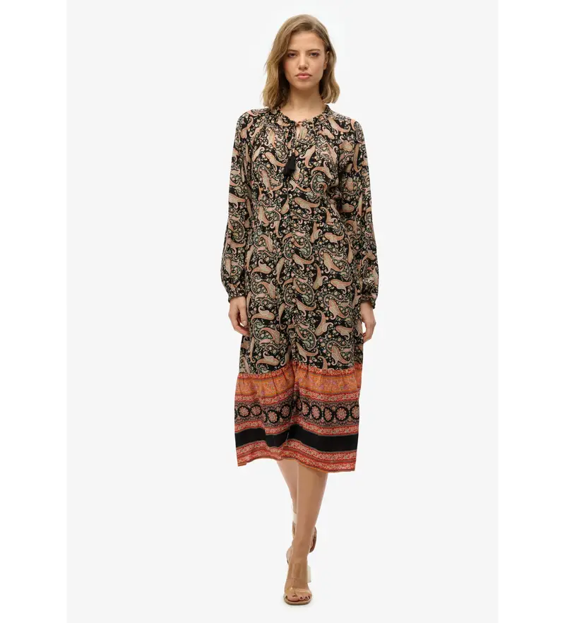 per donna W8011887A Abito midi stampato nero (XS), Casual, Manica lunga, Cotone biologico, Sostenibile