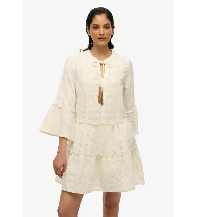 per donna W8011916A Miniabito beige a maniche lunghe a balze (XS), Casual, Cotone, Manica lunga