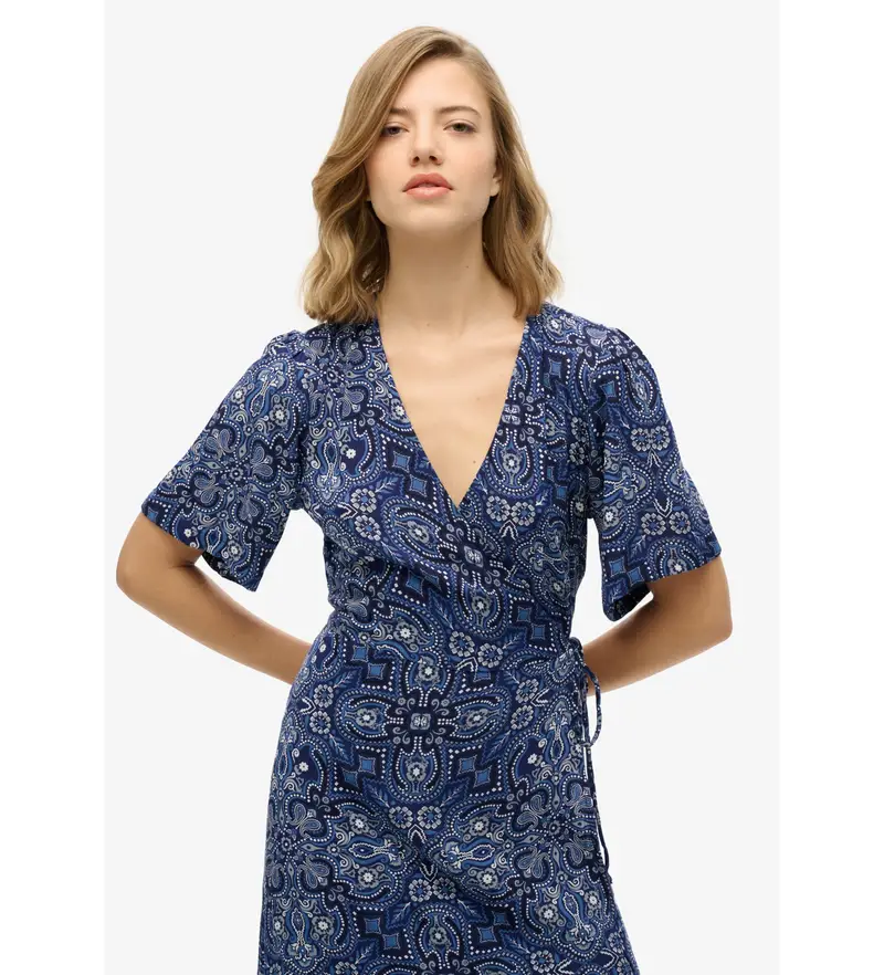 per donna W8011923A Abito midi avvolgente con stampa blu navy (XS), Casual, Viscosa, Manica corta