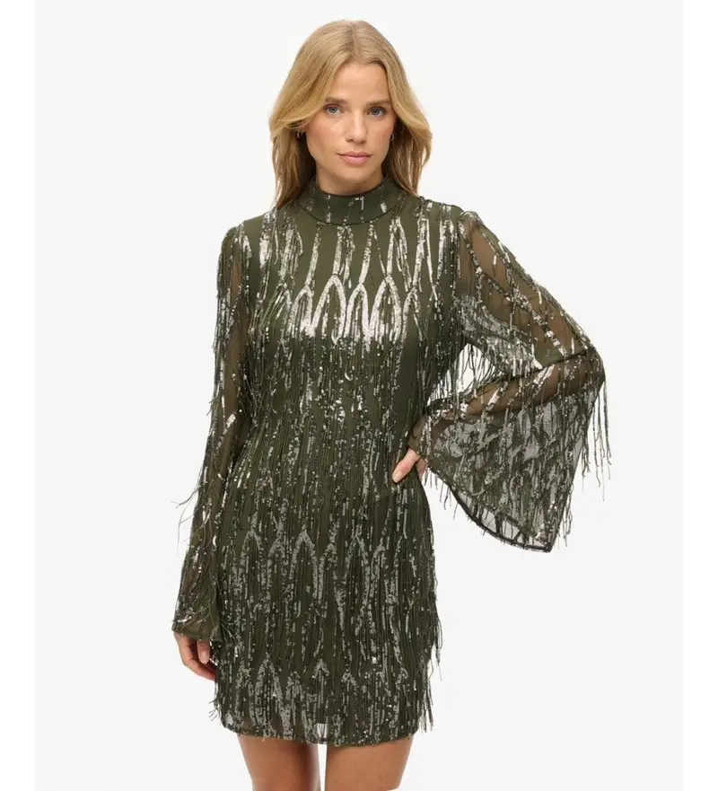 per donna. W8011989A Miniabito verde con paillettes e frange (M), Da sera, Poliestere, Manica lunga