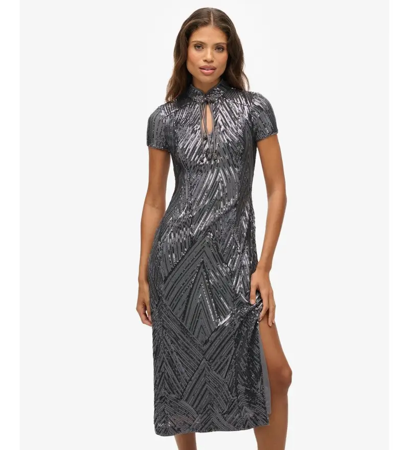 per donna W8012037A Abito midi grigio con paillettes mandarino (L), Da sera, Poliestere, Manica corta