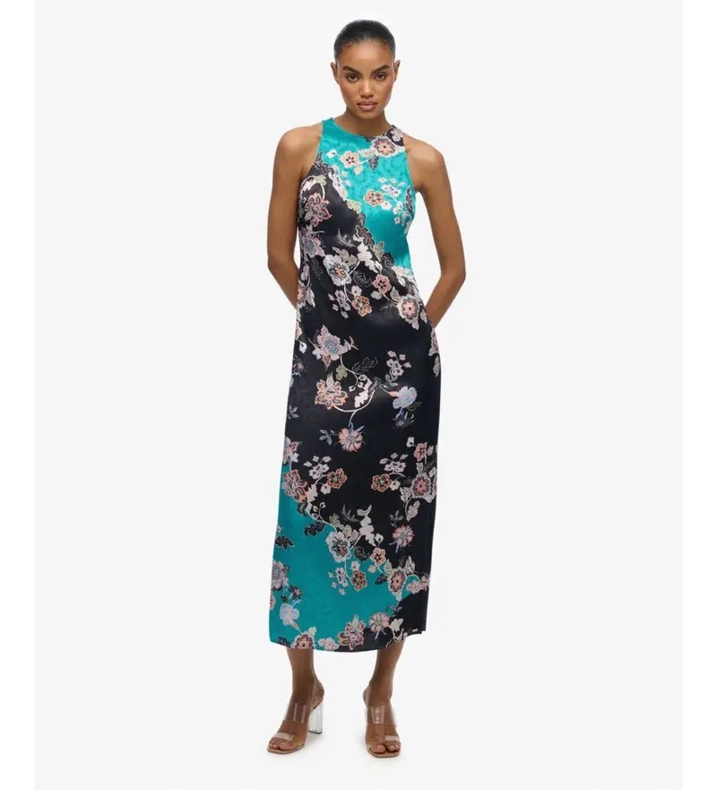 per donna W8012040A Abito jacquard blu e nero (XL), Casual, Da sera, Viscosa, Senza maniche / cinghie