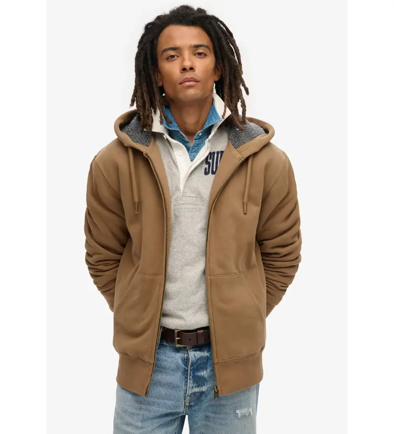 per uomo M2013749A Felpa con cappuccio e cerniera con fodera in pile marrone (L), Casual, Cotone, Sostenibile