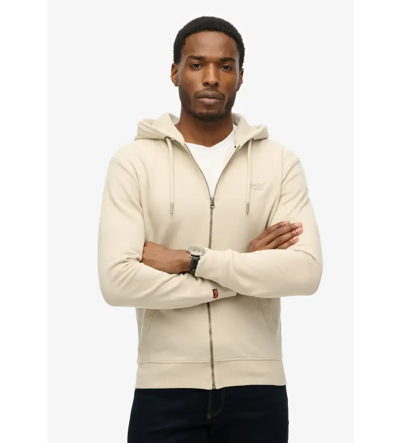 per uomo M2014128A Felpa con cappuccio e zip beige con logo Essential (M), Casual, Cotone