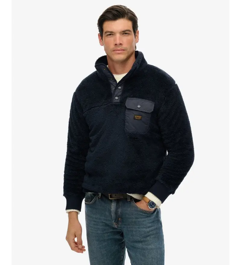 per uomo M2014258A Maglione con mezza zip in pile a pelo alto blu navy (L), Casual, Poliestere