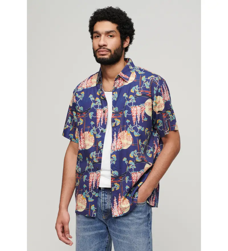 per uomo M4010353A Camicia hawaiana blu scuro (S), Casual, Cotone, Manica corta, Navy
