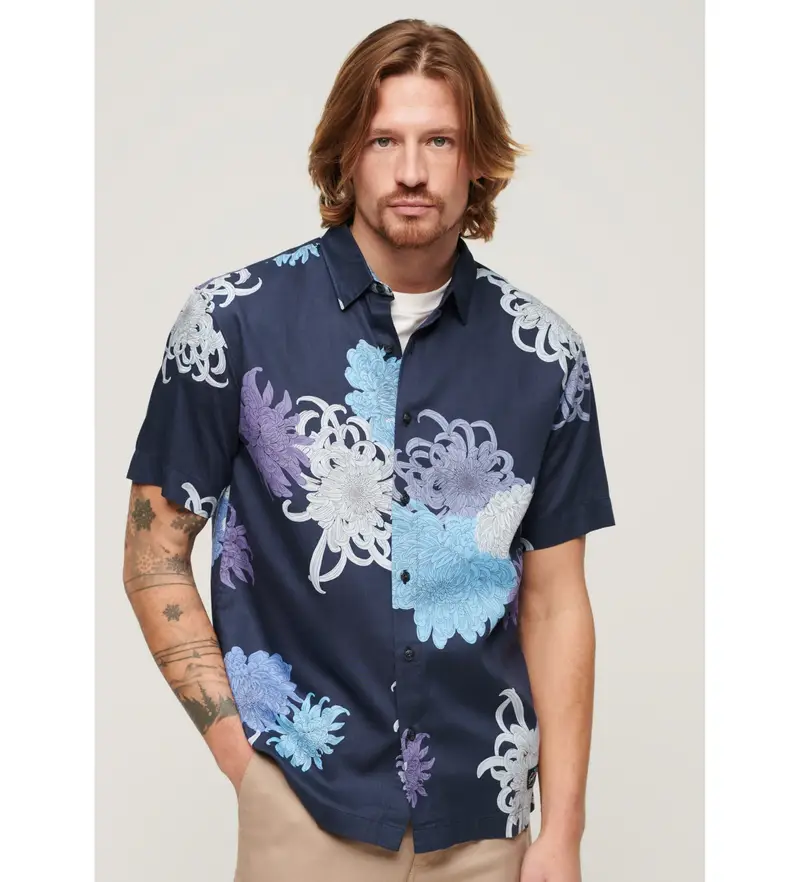 per uomo M4010353A Camicia hawaiana blu scuro (XXL), Casual, Modal, Manica corta, Navy