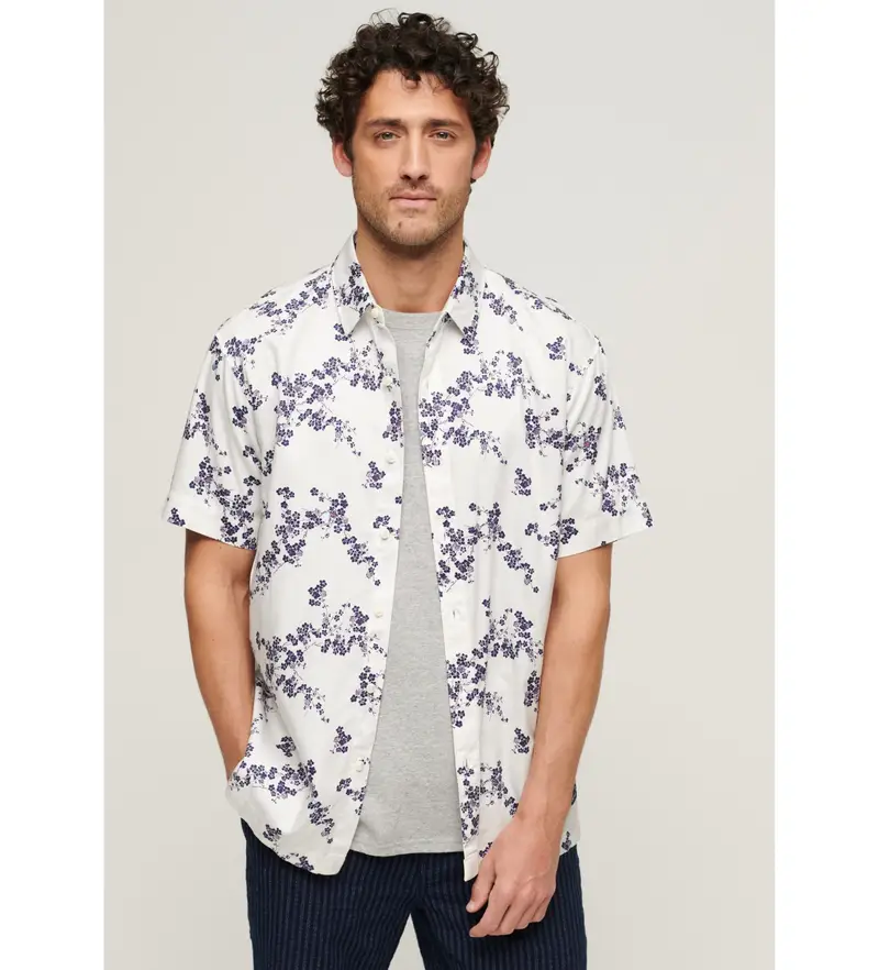 per uomo M4010514A Camicia Hawaiana con Logo Vintage Bianca (S), Bianco, Casual, Cotone, Manica corta