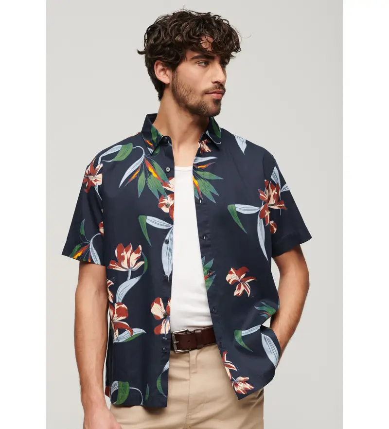 per uomo M4010620A Camicia hawaiana a maniche corte blu scuro (S), Casual, Modal, Manica corta, Navy
