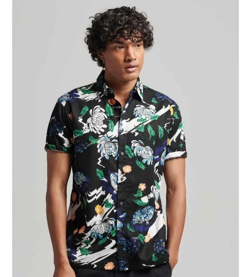 per uomo M4010620A Camicia hawaiana blu scuro (S), Nero, Casual, Modal, Manica corta