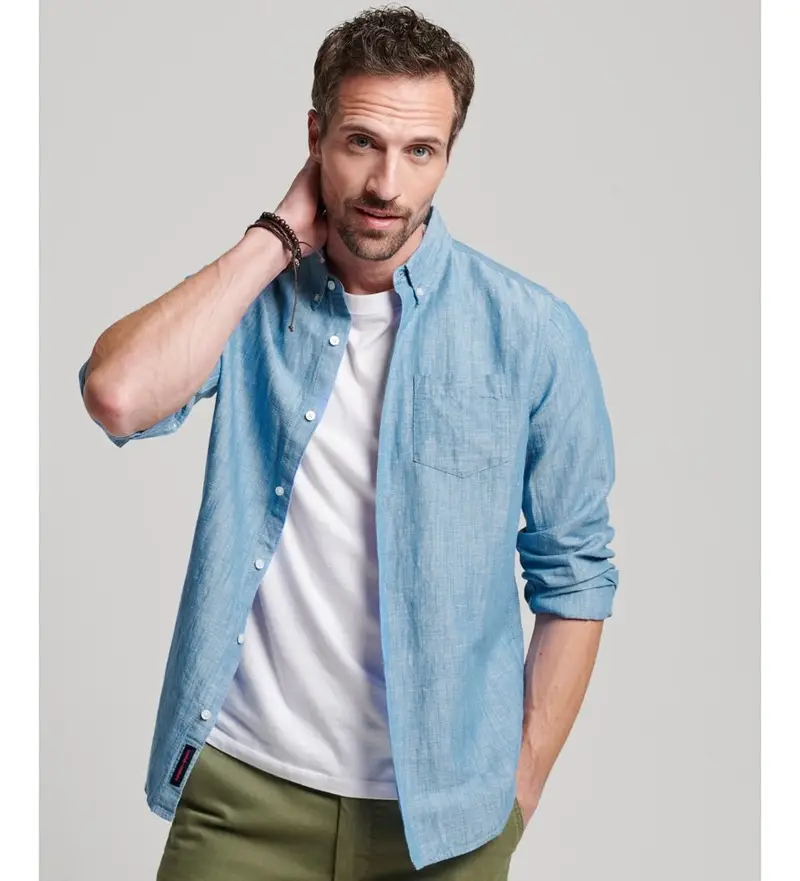 per uomo M4010696A Camicia Blue Studios abbottonata in cotone biologico e lino (S), Casual, Manica lunga Blu