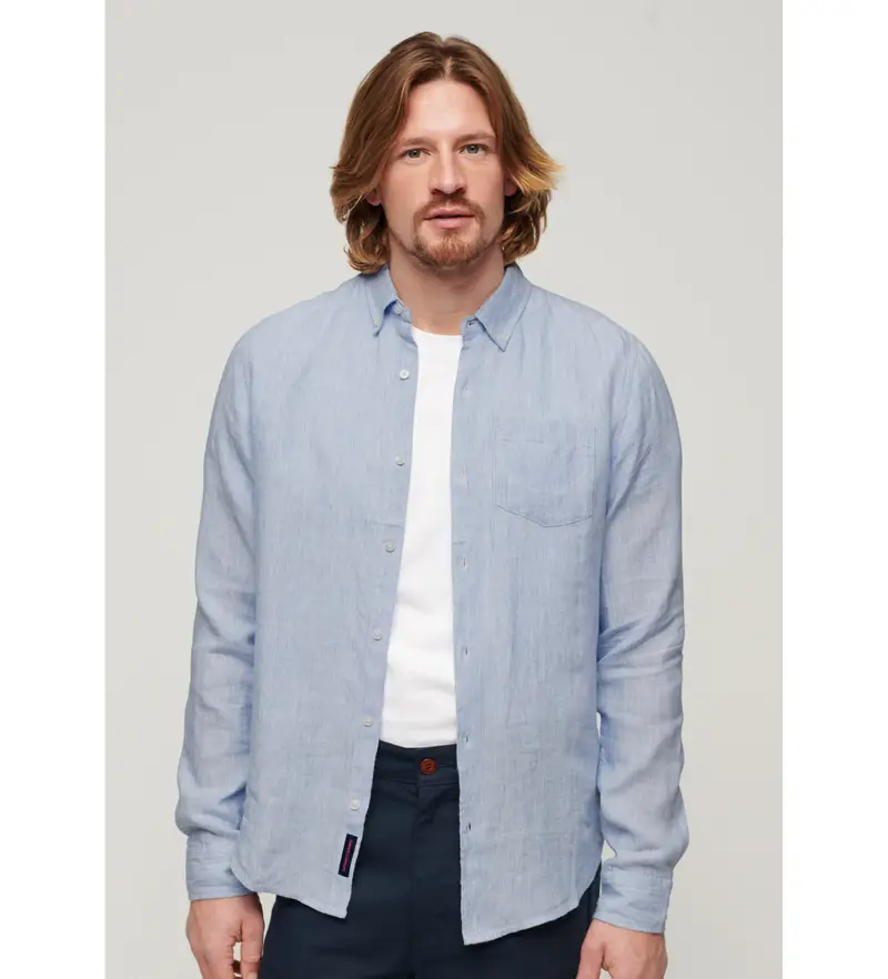 per uomo M4010696A Camicia Studios in lino blu (S), Casual, Manica lunga