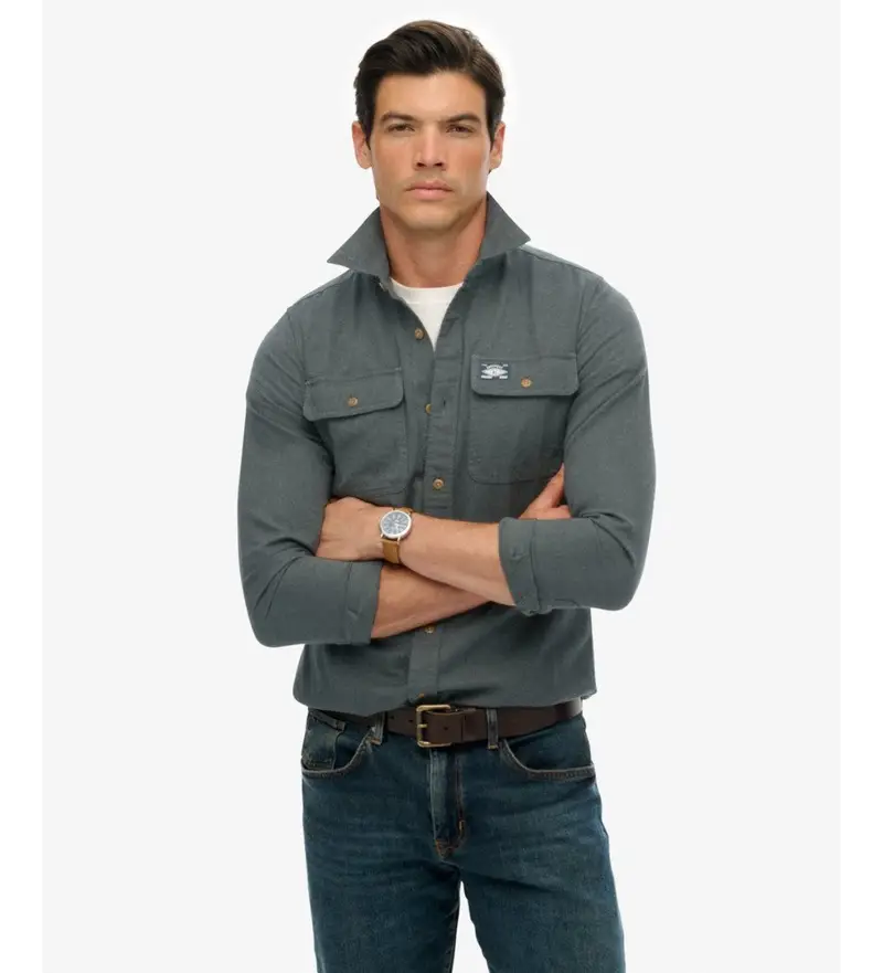 per uomo. M4010723A Camicia da lavoro in flanella verde grigiastro (M), Casual, Cotone, Manica lunga