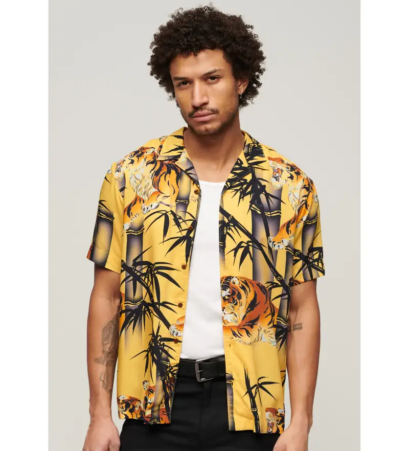 per uomo M4010740A Camicia resort hawaiana gialla (M), Casual, Giallo, Cotone, Manica corta
