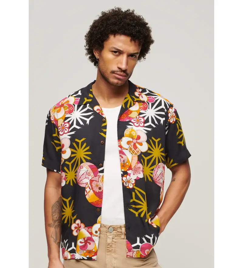 per uomo M4010740A Camicia resort hawaiana nera (XXL), Nero, Casual, Cotone, Manica corta