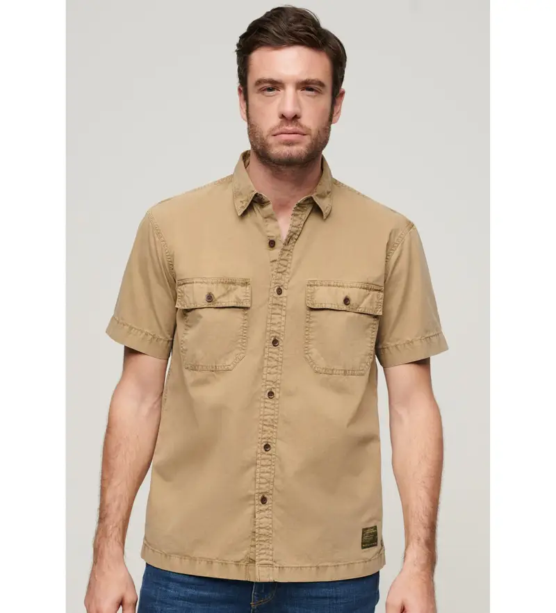 per uomo M4010791A Camicia militare marrone a maniche corte (L), Casual, Cotone, Manica corta