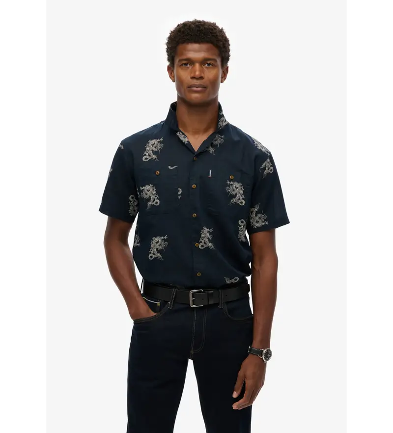 per uomo M4010793A Camicia da spiaggia a maniche corte blu navy (L), Casual, Cotone, Manica corta