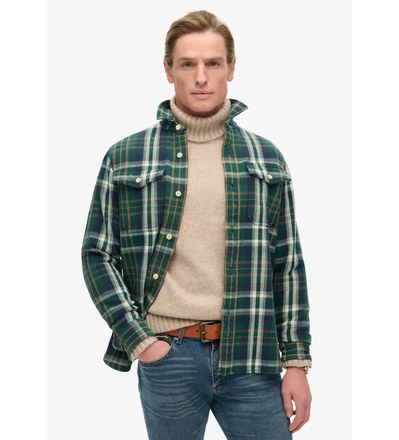 per uomo. M4010865A Camicia a quadri pesanti del Merchant Store verde (L), Casual, Cotone, Manica lunga