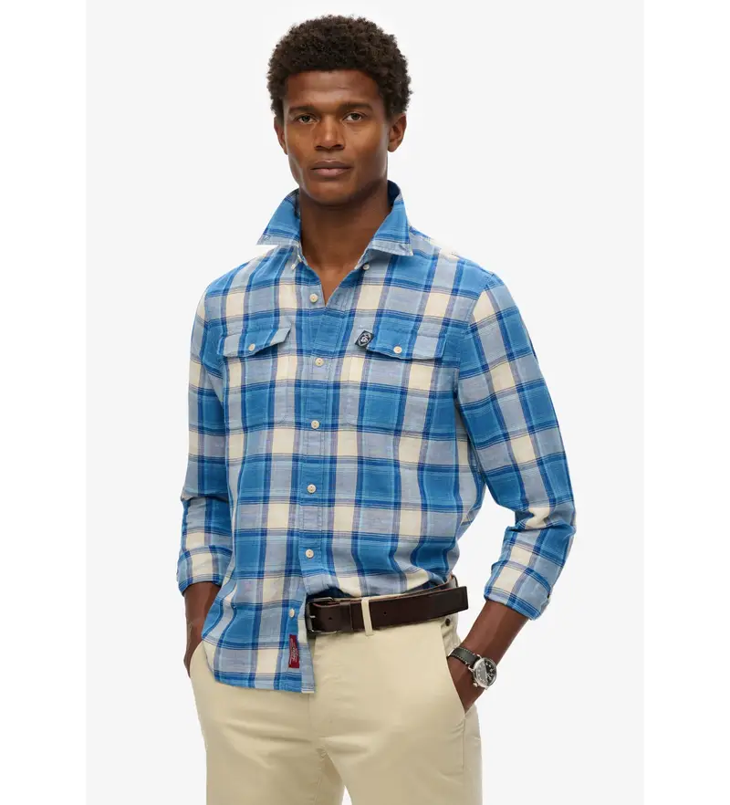 per uomo M4010916A Camicia a quadri in lino blu Merchant Store (M), Casual, Manica lunga