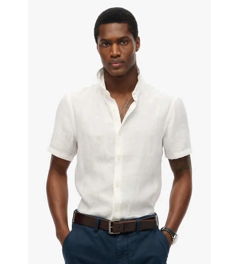 per uomo M4010937A Camicia bianca da vacanza (S), Bianco, Casual, Lino, Manica corta