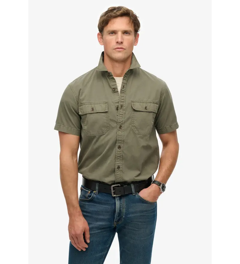 per uomo. M4010946A Camicia militare verde a maniche corte (S), Casual, Cotone, Manica corta